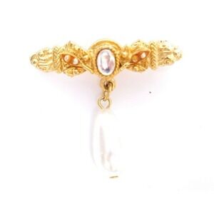 Vintage Victorian Revival Rhinestone Faux Pearl Dangle Drop Pin